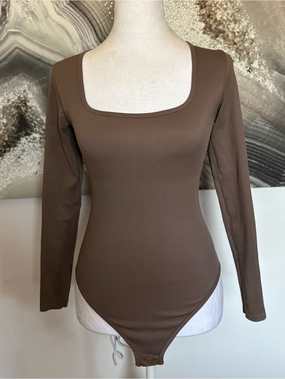 Square Neck Long Sleeve Brown Bodysuit